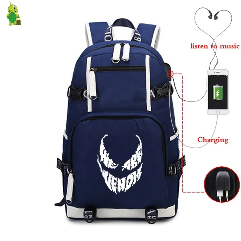 Venom Eddie Comics рюкзак с героем USB зарядка Женский Мужской рюкзак для ноутбука школьные сумки для девочек-подростков светящиеся большие дорожные сумки
