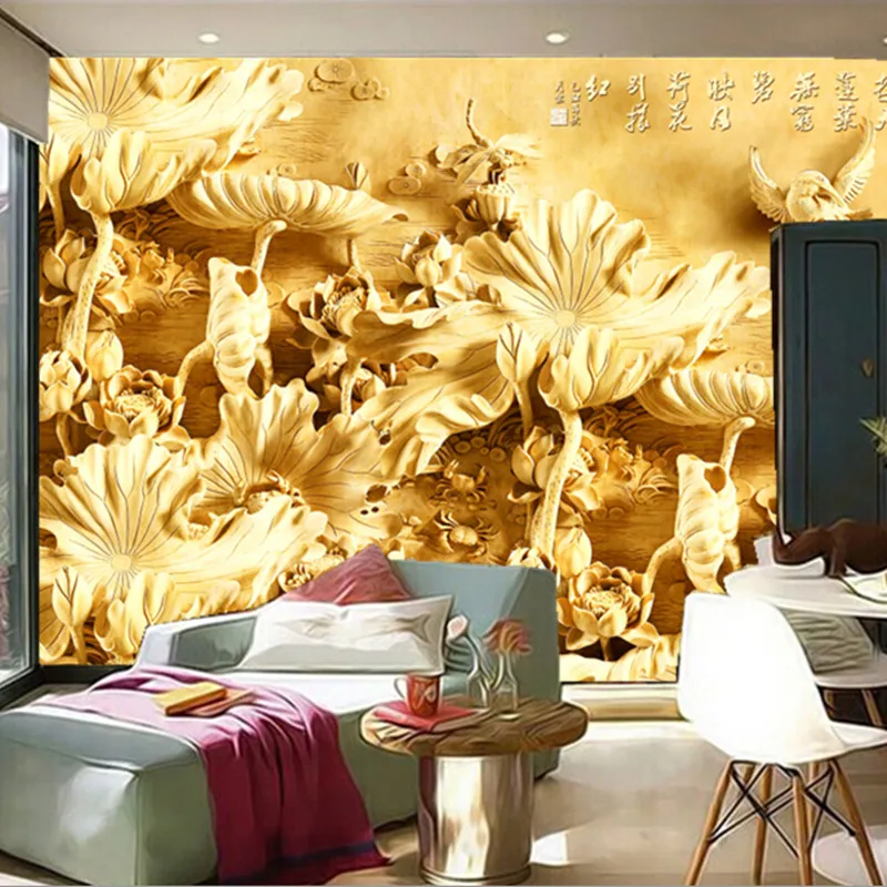 

Custom 3D large mural, 3 d Chinese woodcarving murals, lotus pond papel de parede,living room sofa TV wall bedroom wall paper