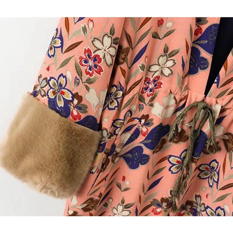 JuneLove 2018 Autumn Long Coat Women Floral Print Sashes Casual Fashion Faux Fur Patchwork Sleeve Outwears Tops | Женская одежда