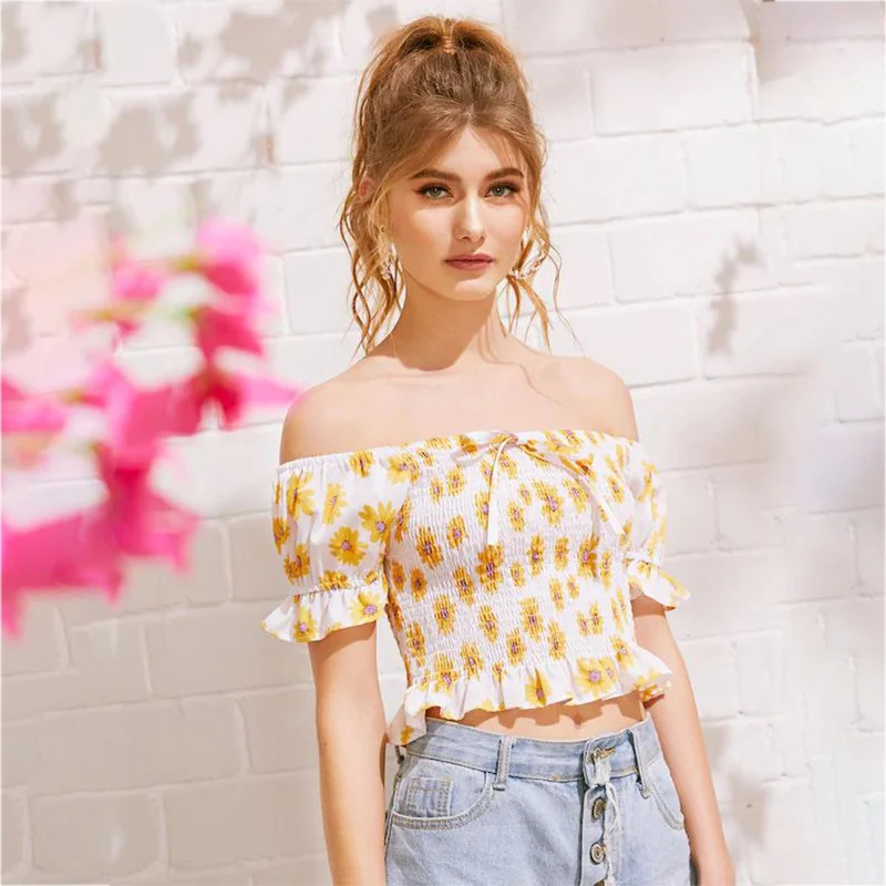 

New Boho Blouses Florals Printed Short Tops Women Sexy Off Shoulder Slash Neck Ruffles Elastic Blouse Ladies Basic Summer Shirts