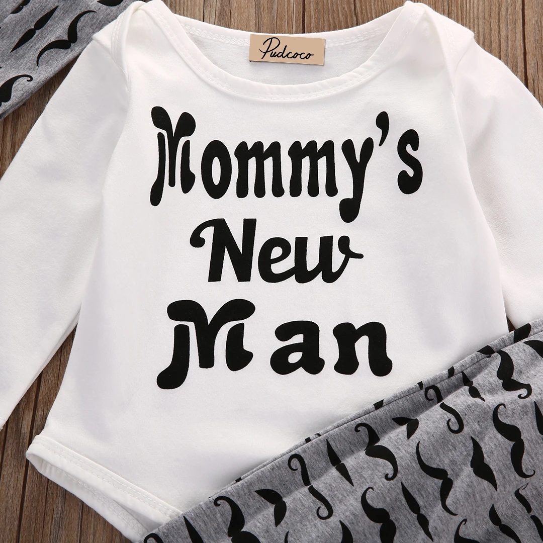 Infant Newborn Baby Girls Boy Clothes Outfit Set Cotton Beard Print Tops Romper +Long Pants Hats Kids 3Pcs Clothing Sets Sunsuit | Детская