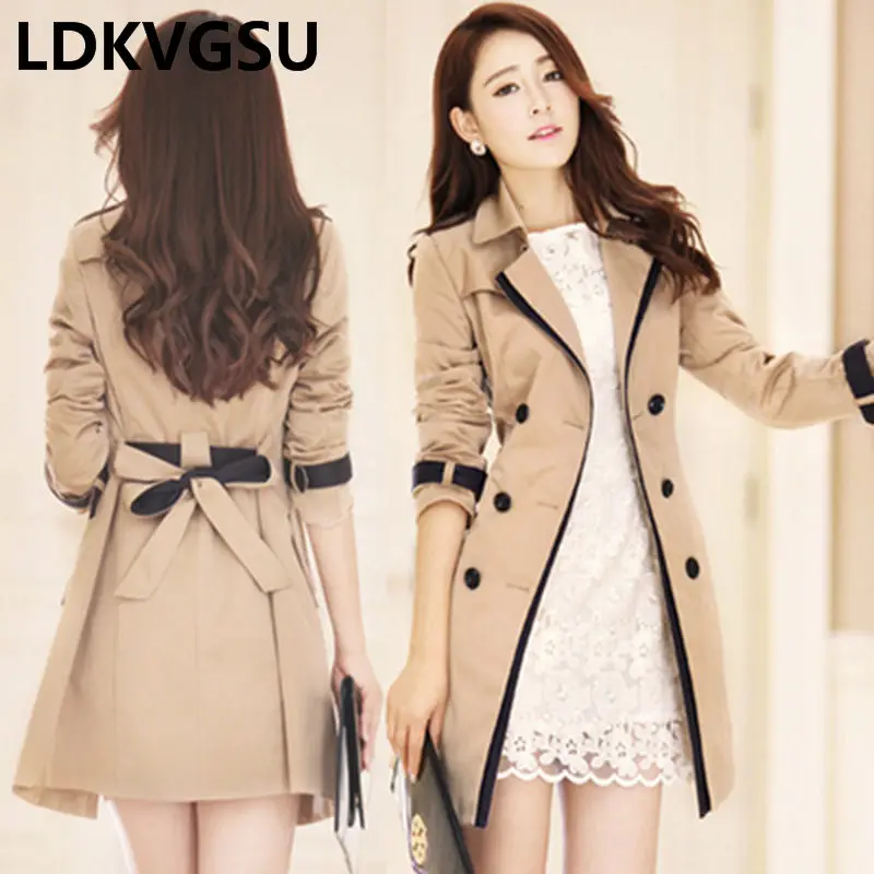 2019 Spring Autumn New Fashion Slim Long Double Breasted Trench Coat For Women Solid Color Lapel Belt Waist Windbreaker Is1641 | Женская