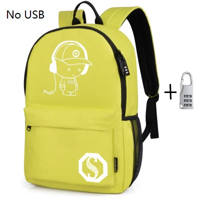 Lemon yellow no USB Модные рюкзаки для студентов, светящиеся анимационные школьные сумки для мальчиков и девочек-подростков, USB зарядка для компьютера, противоугонная сумка для ноутбука - Цвет: Lemon yellow no USB