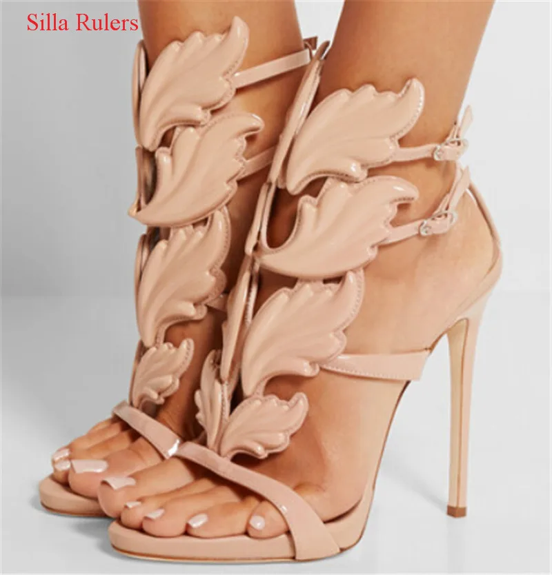 Сандалии женские на платформе босоножки-гладиаторы с золотыми листьями кожаные