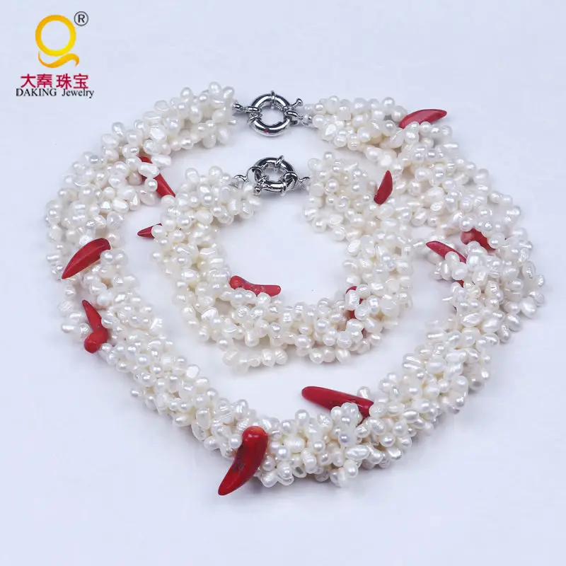 

Creative beautiful 5 rows white freshwater pearl chili pepper red coral necklace and bracelet jewelry set