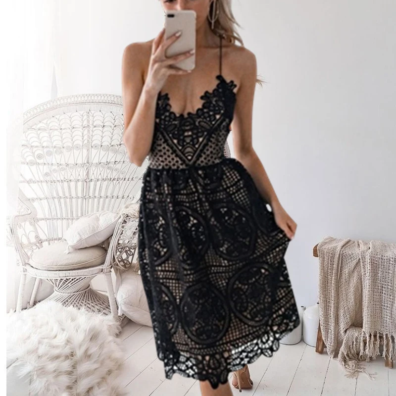 Women Summer Dress Sexy Party Deep V Neck Backless Lace Dresses Fashion Sleeveless Halter Bandage Midi | Женская одежда