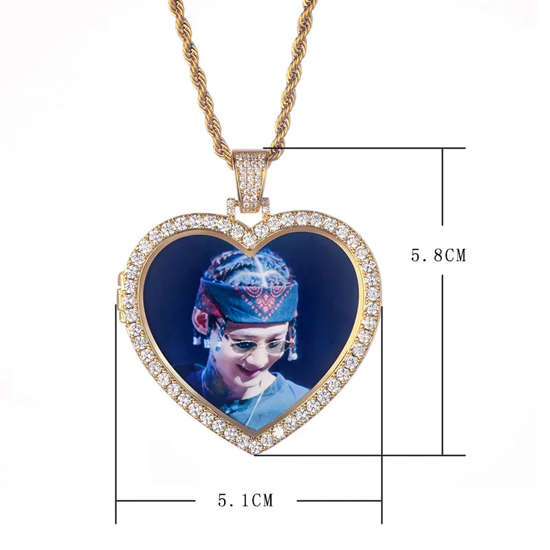Пользовательские bling Сердце фото медальоны ожерелье и кулон медь с теннисная Цепочка Золото кубический циркон мужские хип хоп ювелирные изделия