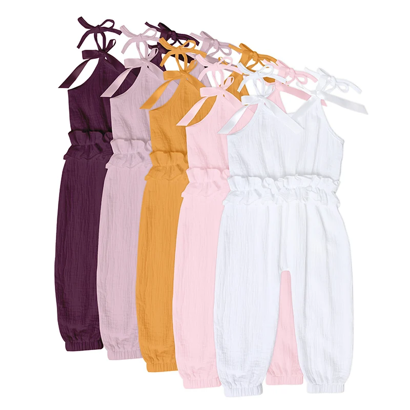 

Kaiya Angel 2019 New Design Toddler Girls Romper 100% Cotton Kids Sling Summer Jumpsuit Baby Solid color Bow Clothes Wholesale