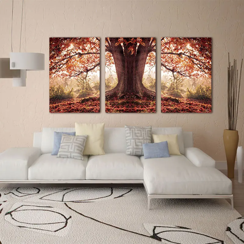 3 Панели красные осенние листья домашний декоративный холст рисование стен в