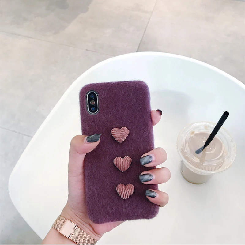 Милый модный фиолетовый пушистый чехол для iPhone xs max xr x мягкий с сердцем 7plus 7 8 plus 6s 6