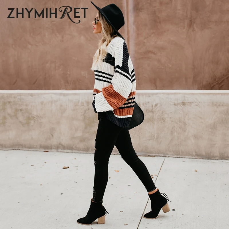 Осенне-зимний полосатый свитер ZHYMIHRET женские вязаные пуловеры с длинным рукавом
