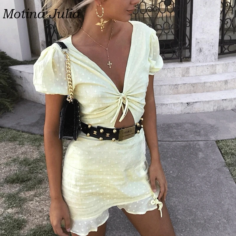 Motina Julia 2019 trendy dot print cotton dress boho beach ruffle mini streetwear day female vestidos | Женская одежда