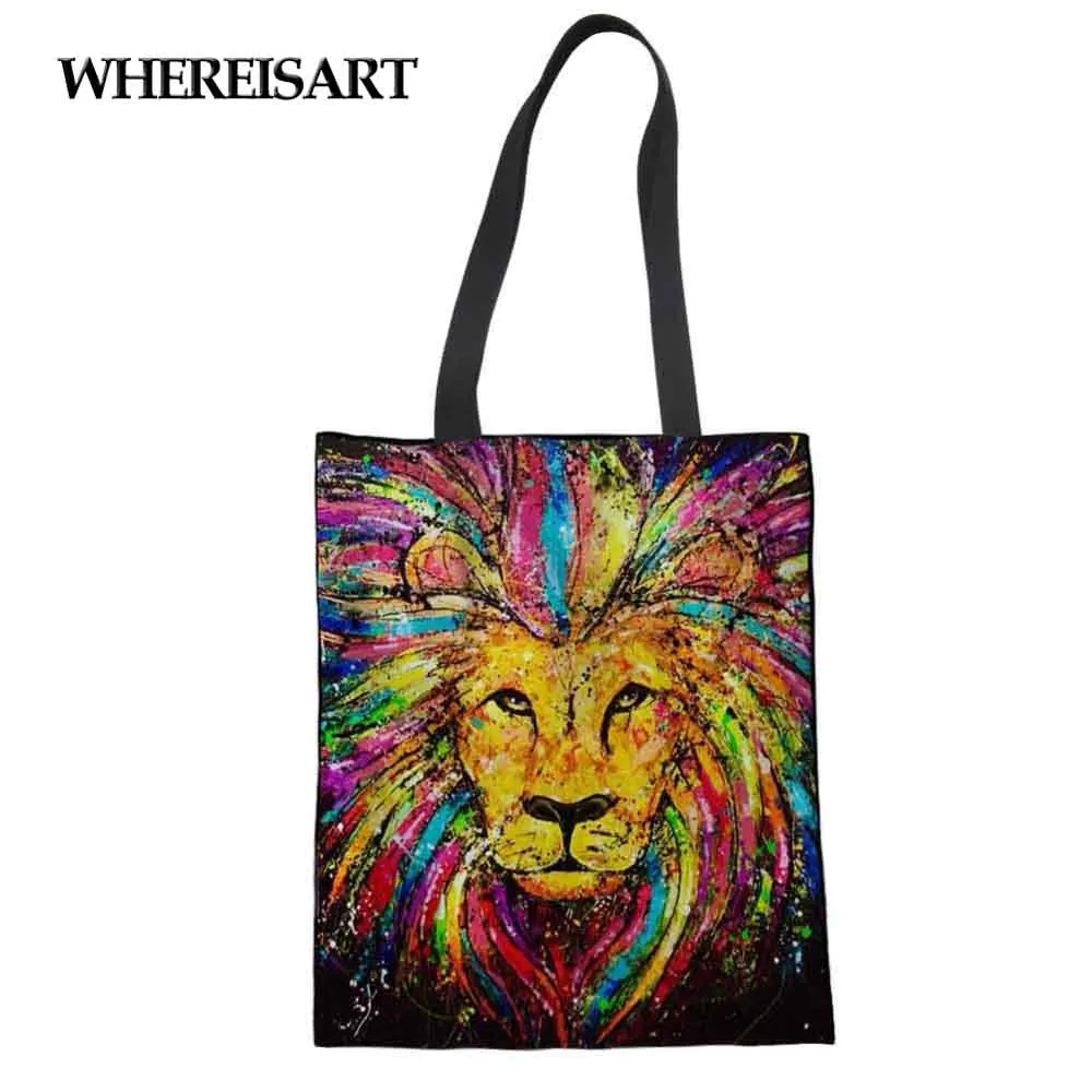 WHEREISART женская большая сумка тоут с тигром львом для покупок Холщовая Сумка на
