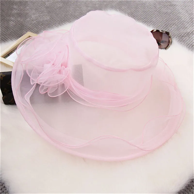 2019 розовые/синие женские летние шляпы с большим козырьком из органзы цветами