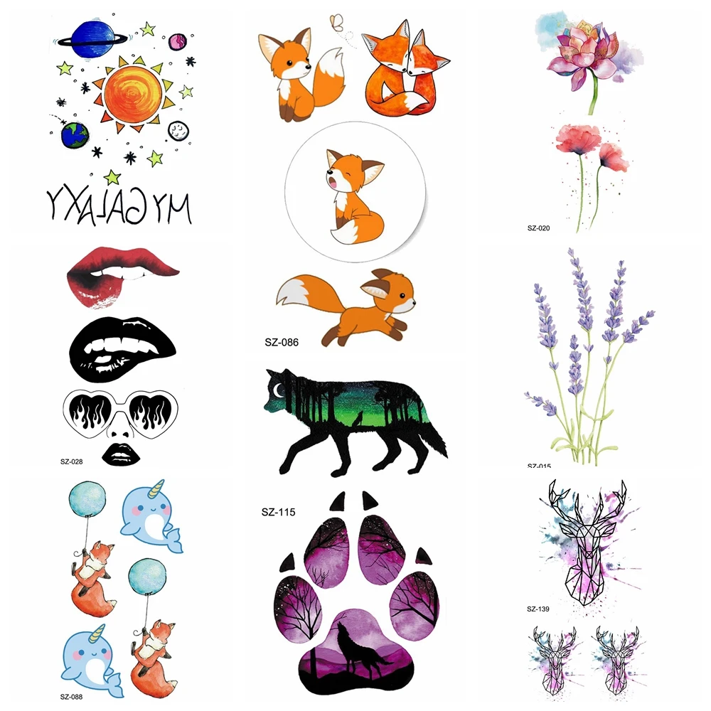 

3D Watercolour Flash Cartoon Fox Tattoo Stickers Children Body Arm Temporary Tattoo Women Wolf Waterproof Kids Tatoos Flower