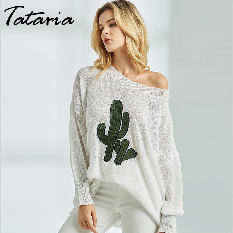 Tataria Sexy Off Shoulder Knitted Sweater Women Long Sleeve Batwing for Elegant Solid Printed Pullover and | Женская одежда