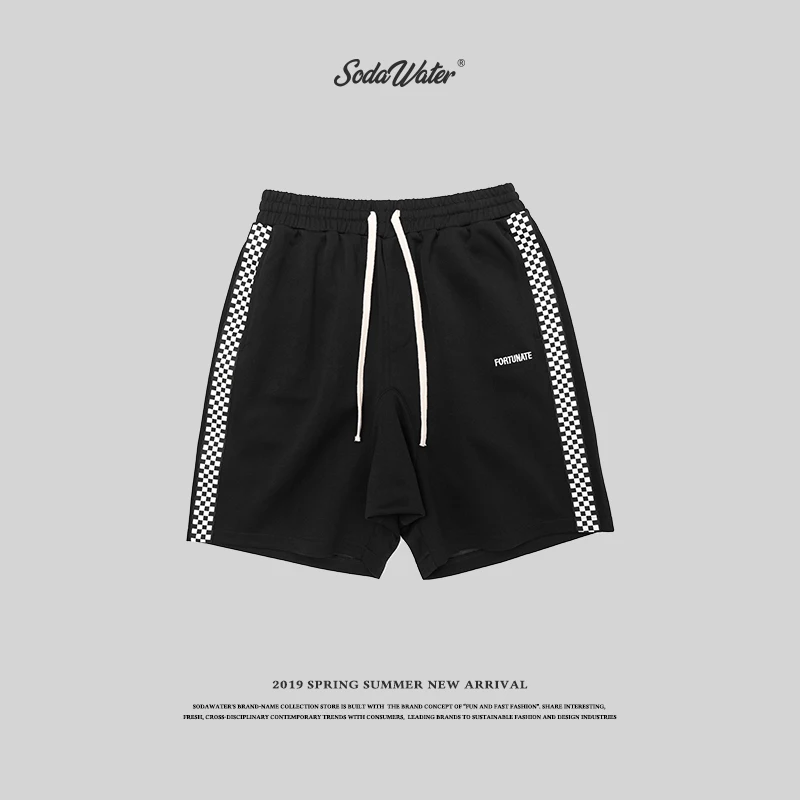 SODAWATER 2019 Hip hop men shorts side plaid elastic waist knee length mens casual loose streetwear short pants 8409S | Мужская одежда