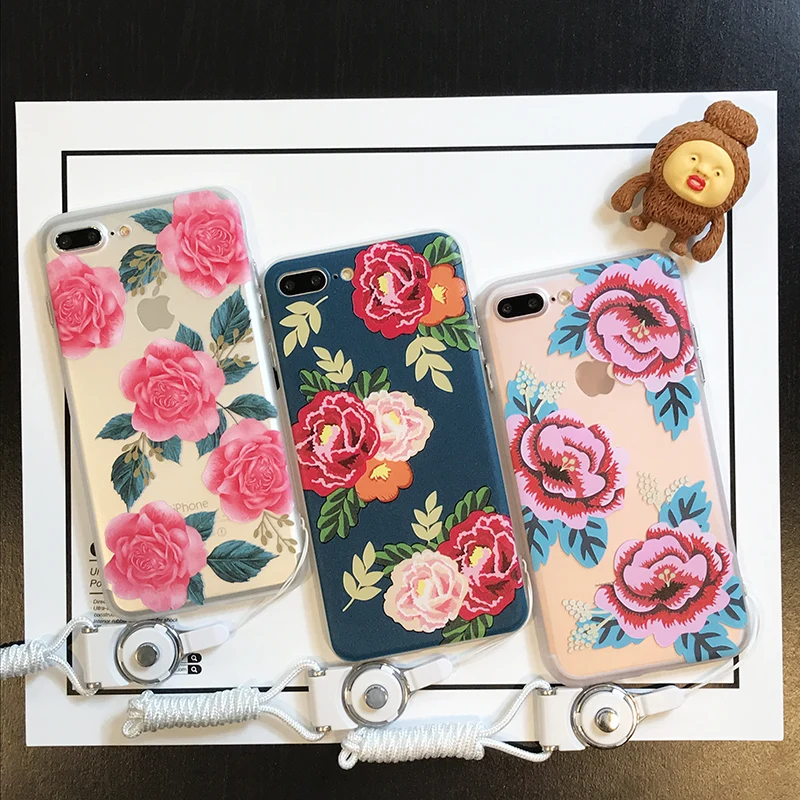 Youtime phone case For iphone 7 3D relief PC Matte back cover design 6 6s Plus anti-knock cute rose girl hang rope |
