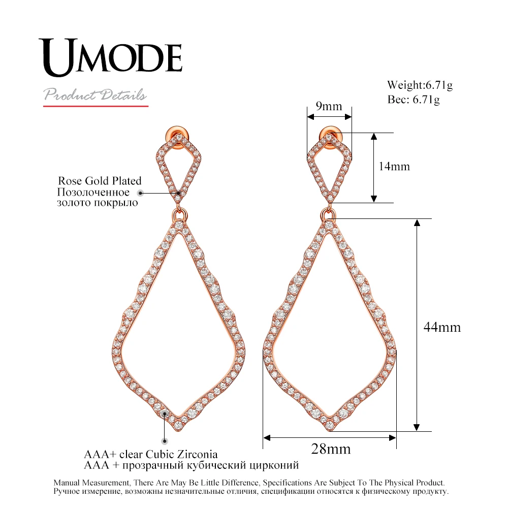 UMODE новые большие длинные полые серьги с ромбовидными подвесками для женщин розовое золото цвет букле D'oreille модные украшения Рождественский подарок UE0319