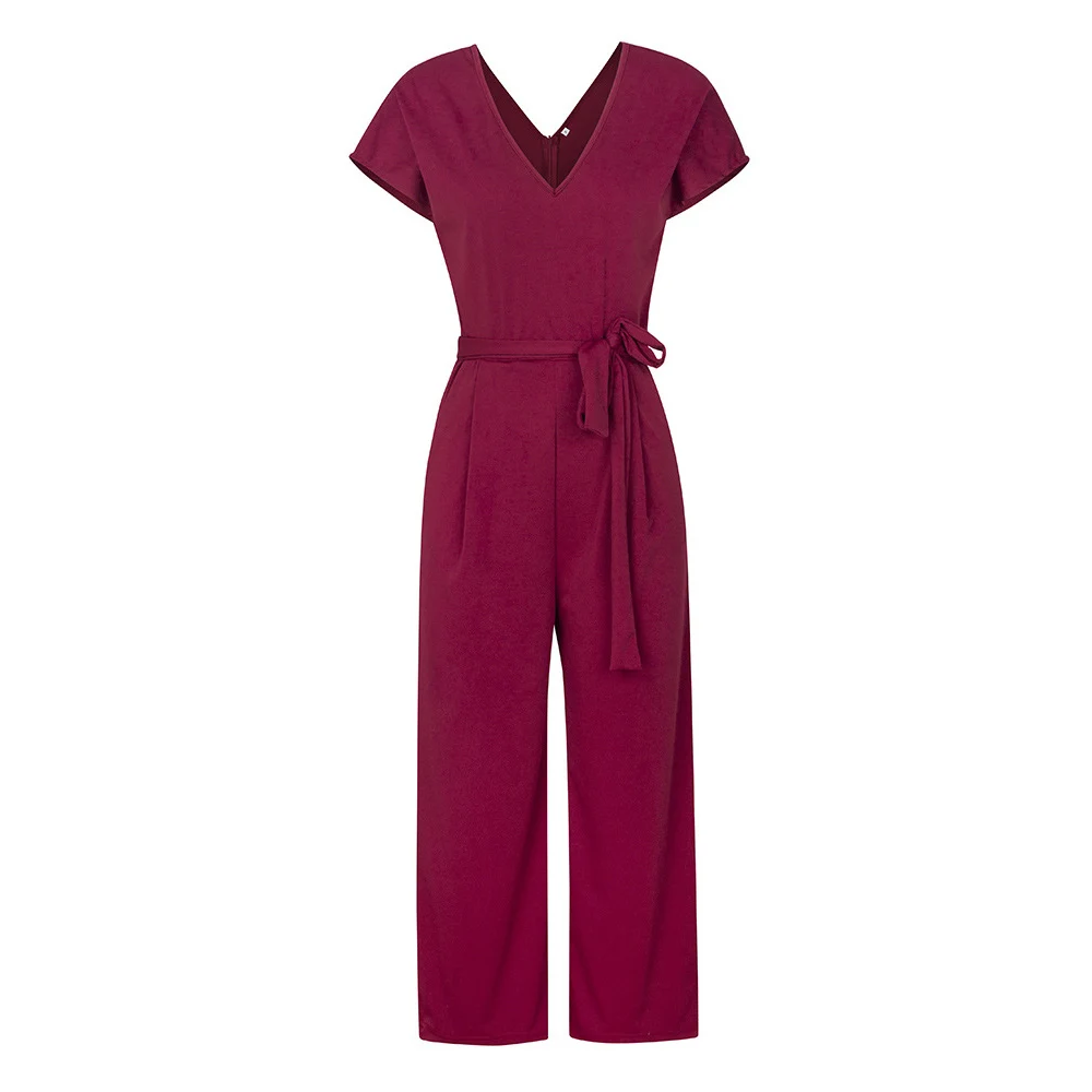 

Women 2019 Summer Solid Color V neck Jumpsuit Casual Sashes Straight Leg Casual Pants