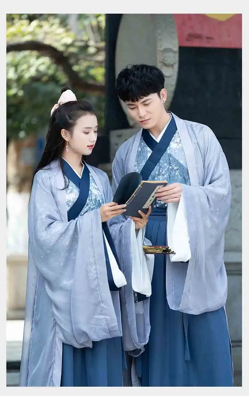 Костюм для пар Hanfu древний китайский винтажный синий комплект Fantasia взрослый