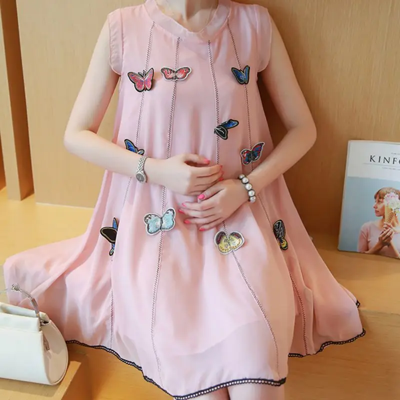Elegant Maternity Clothes New Summer Style Sleeveless Solid Cute Butterfly Loose Dress for Pregnant Women Pregnancy Plus Size