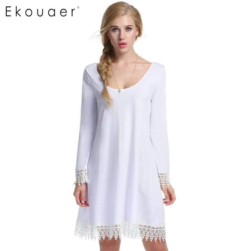 White Ekouaer женская ночная рубашка с длинным рукавом, осеннее платье для сна, кружевное лоскутное Повседневное платье с круглым вырезом, свободная ночная рубашка, ночная рубашка - Цвет: White