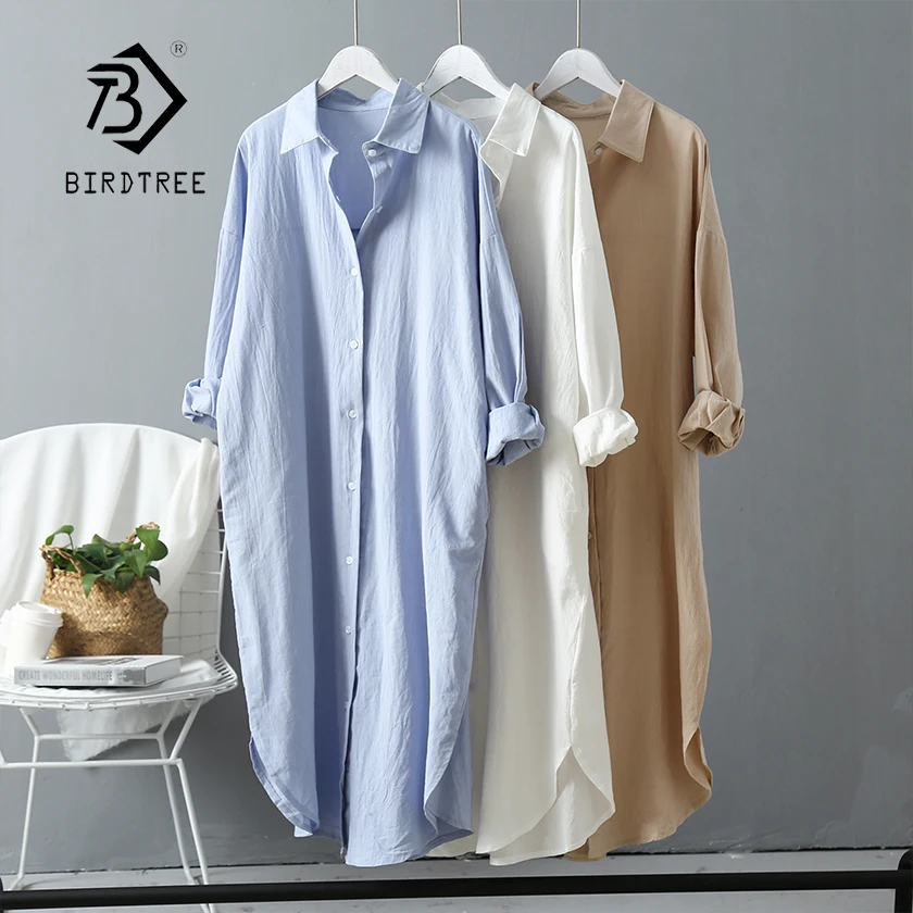 New Arrival Women Solid Oversize Cotton White Blouse Batwing Sleeve Pockets Long Shirt Turn-Down Collar Casual Top T96604F