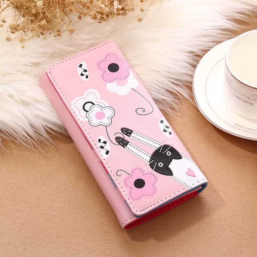 Pink Длинные женские кошельки кошка Цветы Узор Hasp монета Длинный кошелек ID кредитницы сумка для монетного кошелька женская сумка - Цвет: Pink