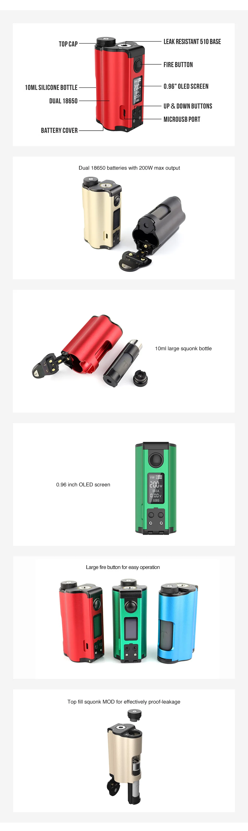 Original 200W DOVPO Topside Top Fill TC Squonk MOD with 10ml Large Squonk Bottle& 0.96 Inch OLED Screen Topside by Dovpo