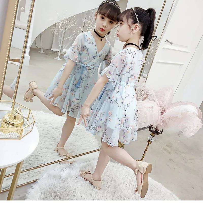 Kids Dresses for Girls 2019 Summer Dress Toddler Children V-neck Chiffon 2 3 4 5 6 7 8 9 10 11 12 13 Years | Детская одежда и