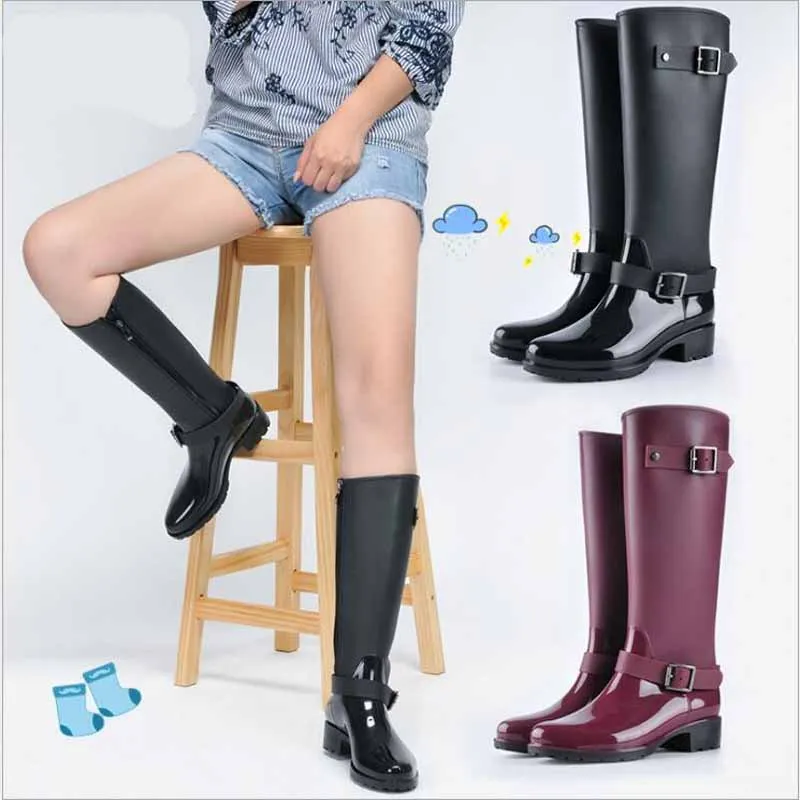 Punk Style Zipper Tall Boots Women's Pure Color Rain Boots Outdoor Rubber Water shoes For Female 36-41 Plus size
