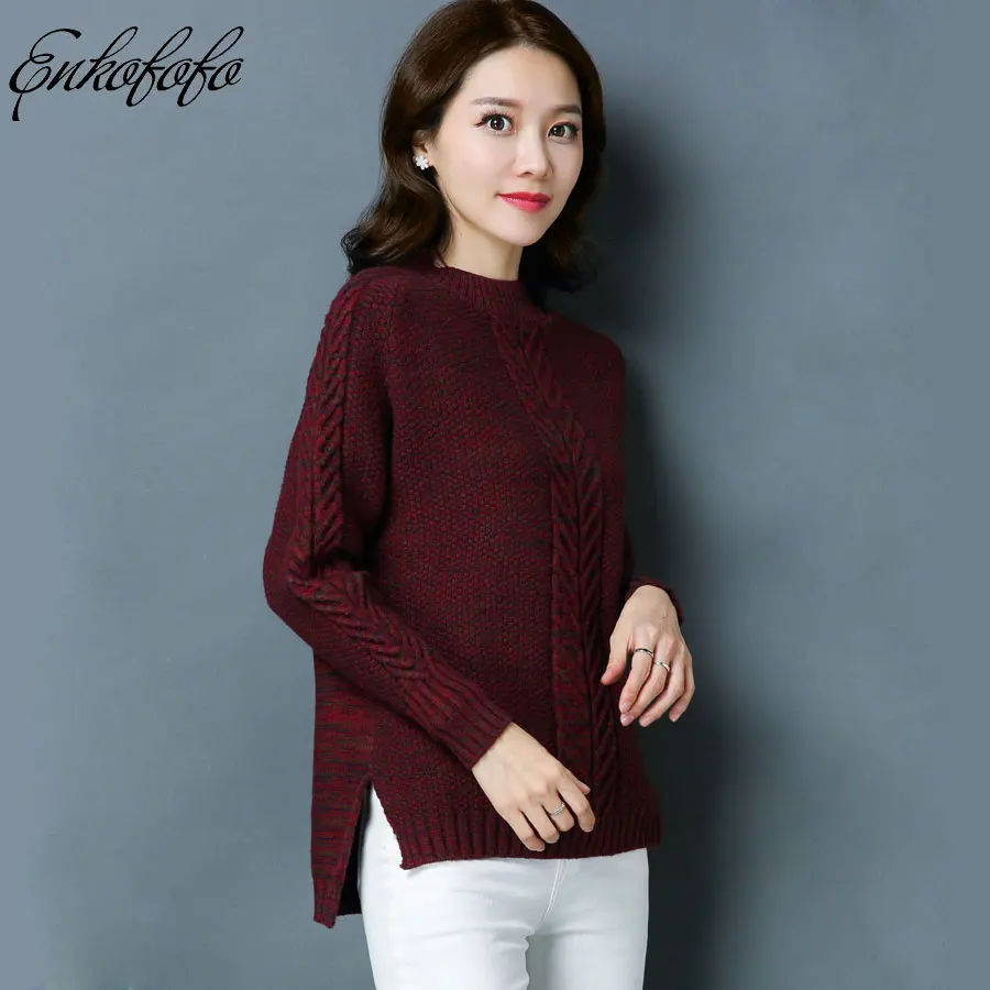 2019 Autumn Winter Sweaters Women's Long Sleeve Solid Color Crew Neck Split Knitting Pullover Thick Warm Wool Sweater Women | Женская