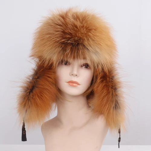 Red fox Новинка, зимняя шапка с натуральным мехом для женщин и мужчин, мех енота, лисы, русские шапки-ушанки, унисекс, Толстая теплая шапка-бомбер с ушками из овечьей кожи - Цвет: Red fox