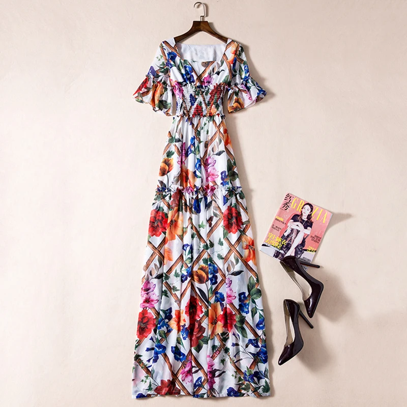 Новинка 2017 года Осенняя мода довольно квадратный воротник печати длинное платье