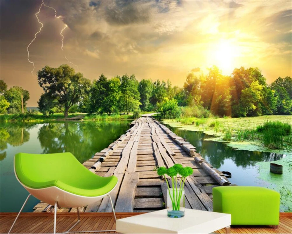 

Wooden bridge forest landscape murals 3D background wall custom mural green wallpaper papel de parede 3d wallpaper beibehang