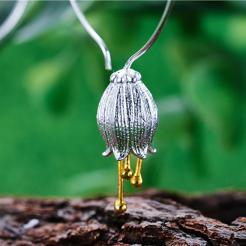 Женские серьги подвески Lotus Fun из серебра 925 пробы с цветком и колокольчиком|earrings