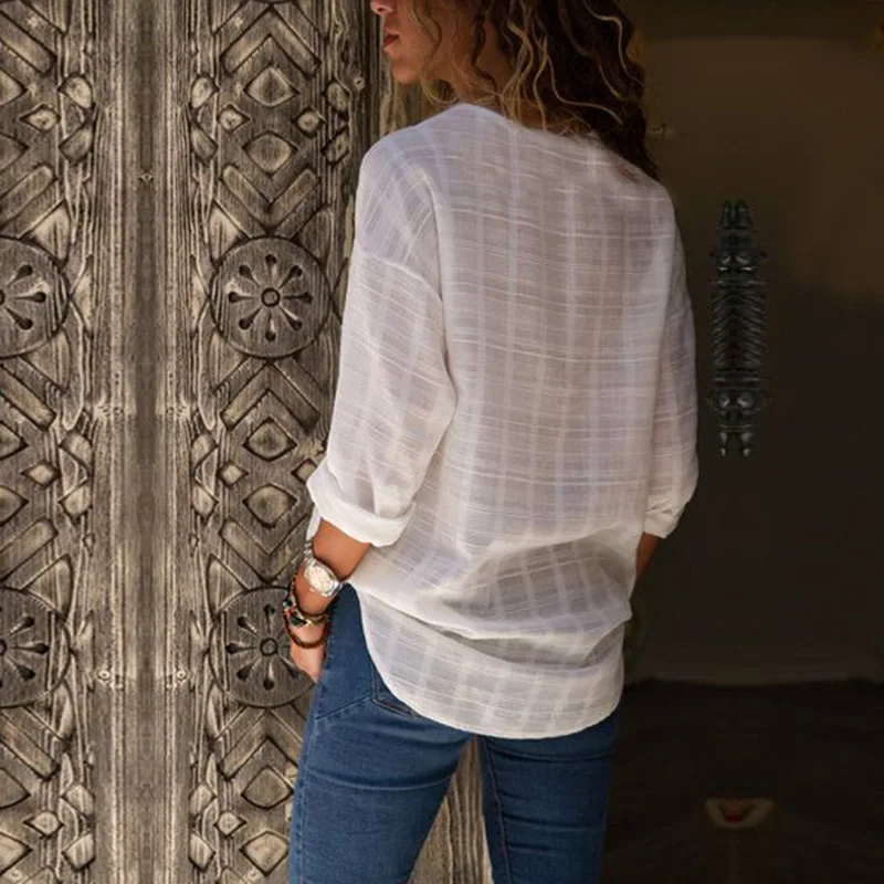 Womens Autumn Long Cuffed Sleeve Stars Notched Neckline Blouse Casual V Neck Irregular Loose Fit Shirt Solid Color Office |