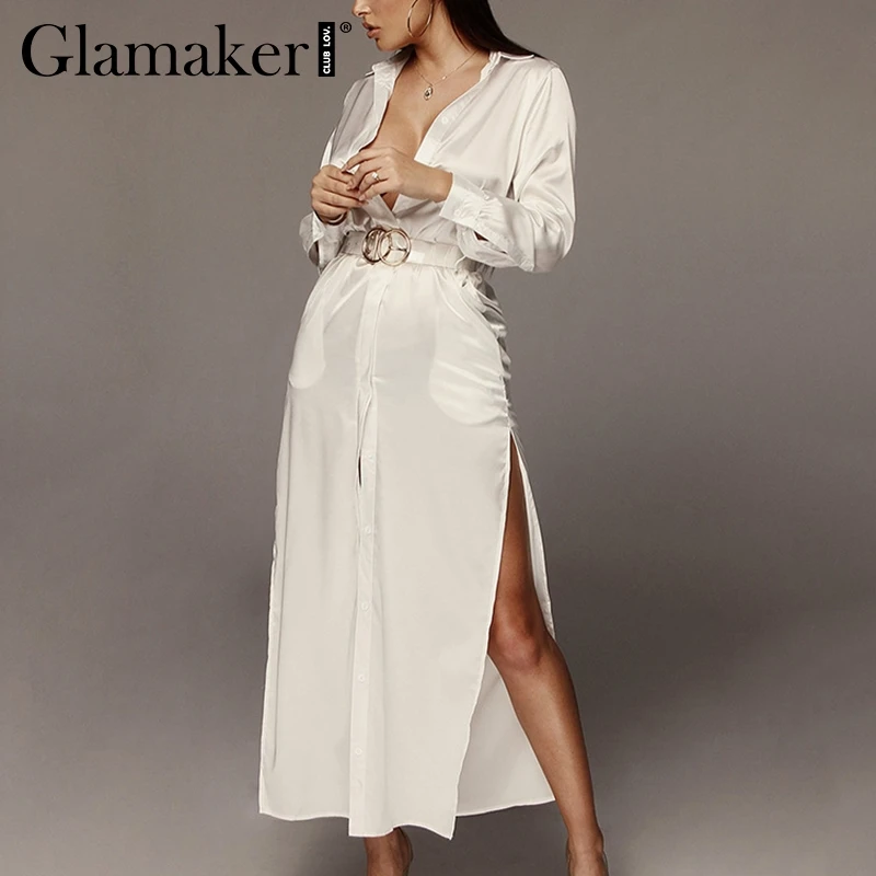 Glamaker Сексуальное Женское Платье-макси из сатина с высоким разрезом летнее