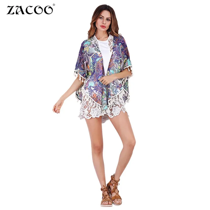 Zacoo женские Цветочные Пейсли печати Повседневная Блузка Свободные кисточкой