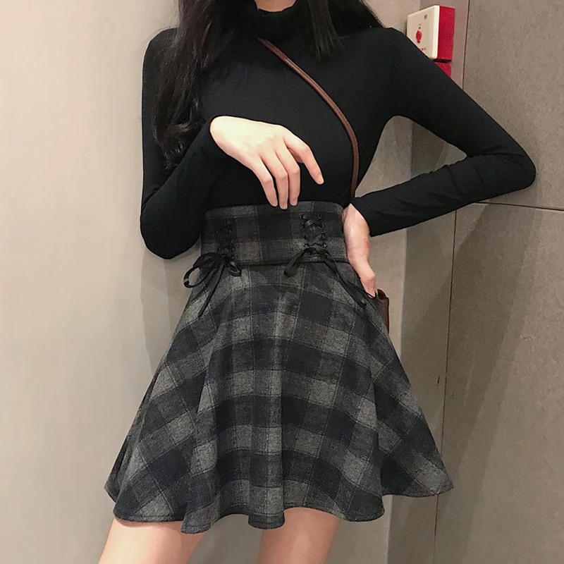 Faldas mujer moda 2018 осень зима harajuku черная твидовая юбка школьная Элегантная Женская