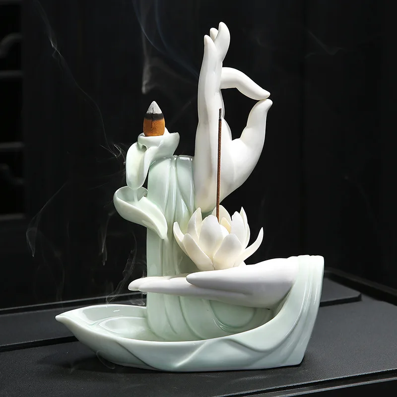 

Ceramic Incense Burner Buddha'S Hand Smoke Waterfall Backflow Incense Burner Elegant Lotus Buddhism Home Office Crafts Censer