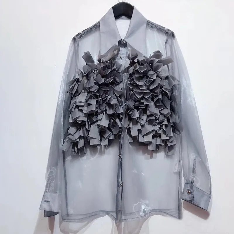 Женская блузка с оборками TWOTWINSTYLE летняя длинными рукавами и отложным воротником