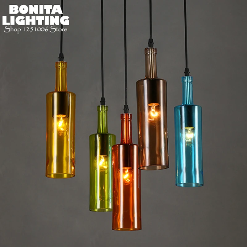 Стеклянные бутылки вина красочные висячие лампы для столовой цилиндрические