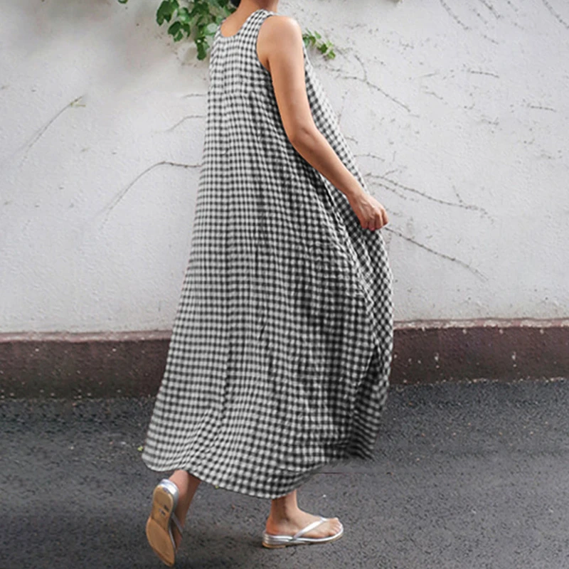 Корейский стиль летнее женское длинное платье без рукавов клетчатый женский