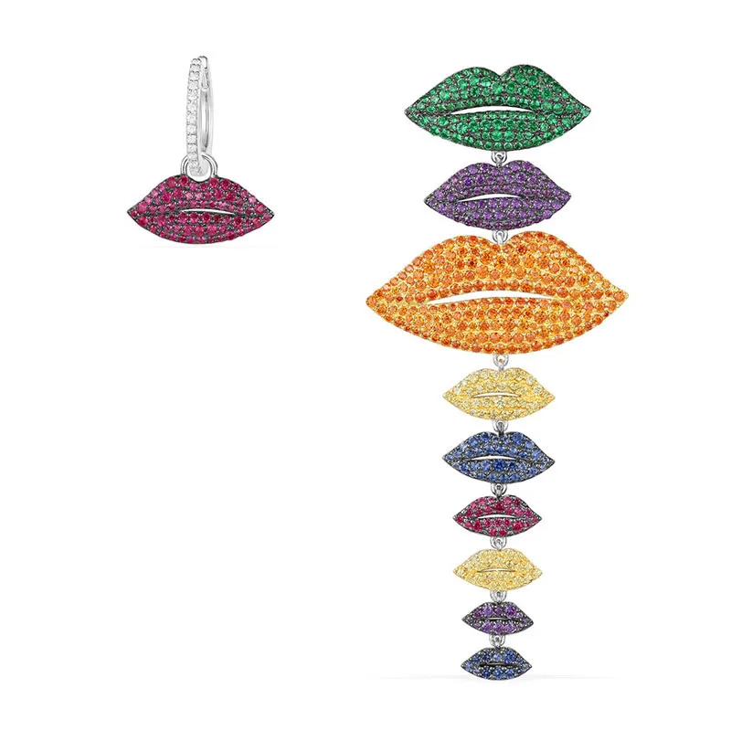 

Umgodly Luxury Brand Asymmetrical Multicolor Sexy Lips Earrings Red Orange Zirconia Stones Fashion Women Jewelry New Arrival