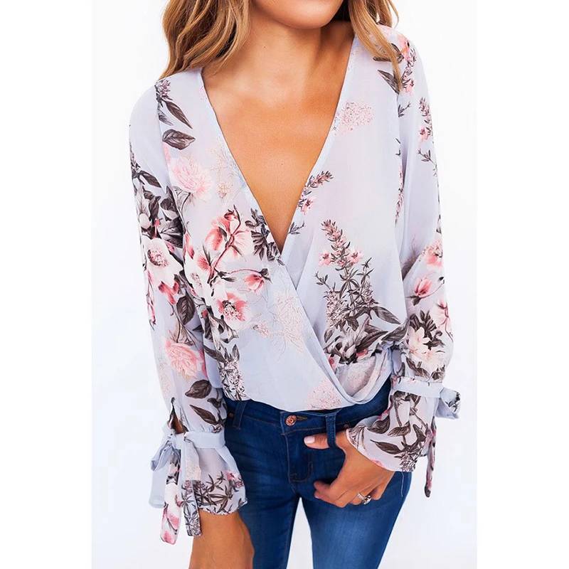 Сексуальная женская шифоновая блузка с цветочным принтом топы v-образным вырезом