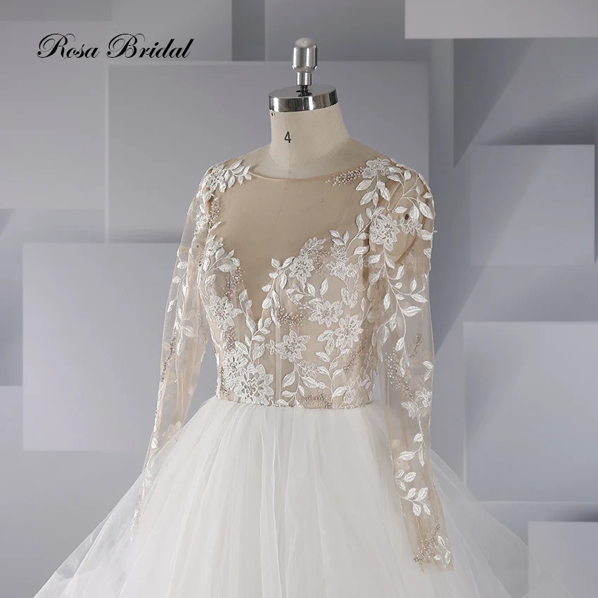 Rosabridal A Line Wedding Dress 2019 new design Long Sleeves Beading  Lace appliques embroidery Ruffled Skirt  Bridal Gown
