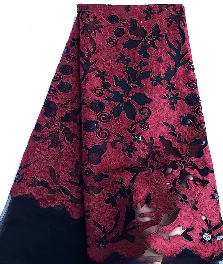 Светло-серый handcut французское Африканское кружево Тюль кружевная ткань с блестками только высокое качество 5 ярдов - Цвет: Black Dark red