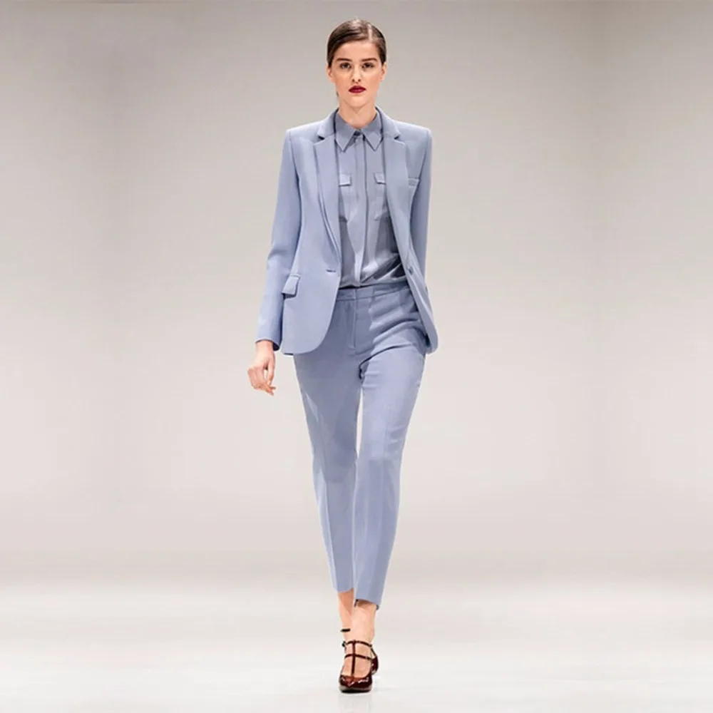 

Jacket+Pants Light Blue Custom Womens Business Suit Female Office Uniform Designs Single Breasted Ladies Formal Trouser Suit W77